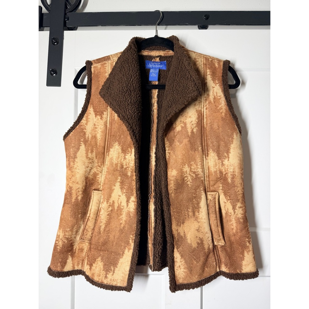 Natural Reflections Vest Womens Medium Brown Pine Tree Sherpa Lined Good Suede